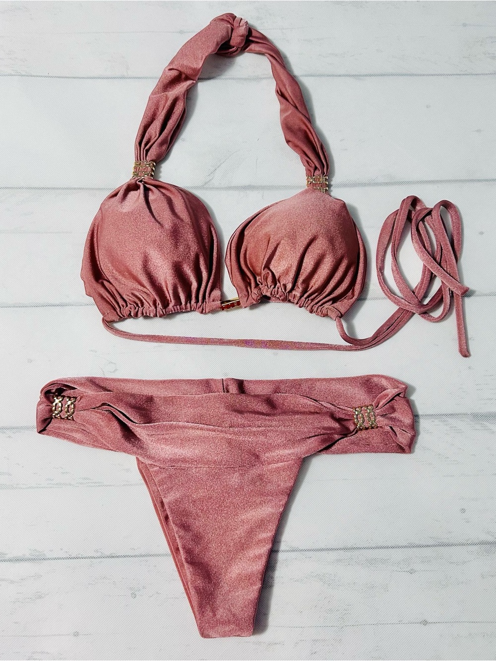 ZOEW Shimmer Rose Mauve Halter Bikini Set with golden Brazilian style - Sz M